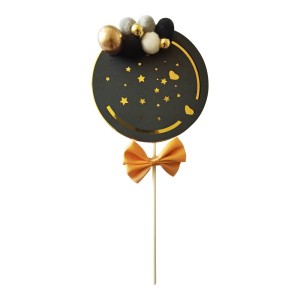 Topo de Bolo - Pom Pom Preto e Dourado Make+