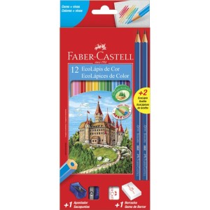 Lápis de Cor 12 Cores Kit com Borracha e Apontador Faber Castell